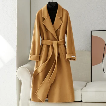 Двустороннее кашемировое пальто средней длины для женщин, осень-зима 2023, новое высококачественное пальто из 100 чистой шерсти на шнуровке