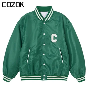 Спортивная бейсбольная куртка в стиле ретро зеленого цвета Для мужчин, толстые университетские куртки с буквенной вышивкой, Свободные куртки-бомберы для колледжа, унисекс