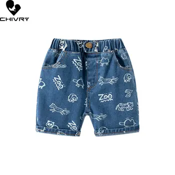 Модные джинсовые шорты для мальчиков, Новинка 2023, Летние Детские Короткие штаны с мультяшным принтом для маленьких мальчиков, Детские повседневные джинсы, короткие брюки