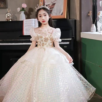 Jancember, летнее роскошное платье принцессы с круглым вырезом для девочек, детский кружевной костюм с пышными рукавами JJ005